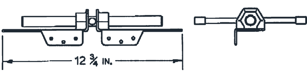 Dimension drawing of the Scroogeclamp fully closed, 12 and three quarter inches long, with an end view of the drawbar