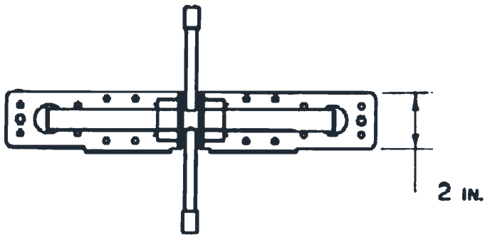 Top view drawing of the Scroogeclamp with the cross handle, showing the 2 inch bracket width