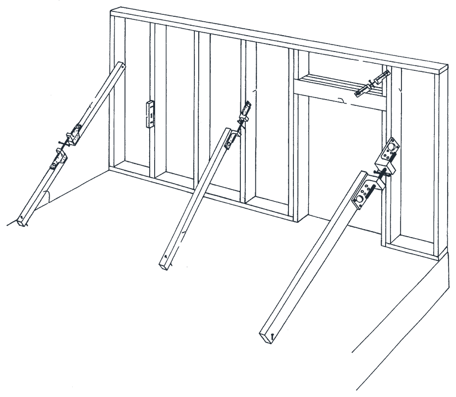 Drawing of three Scroogeclamp braces on 2x4 extensions holding a framed stud wall plumb, each set at a different height and angle
